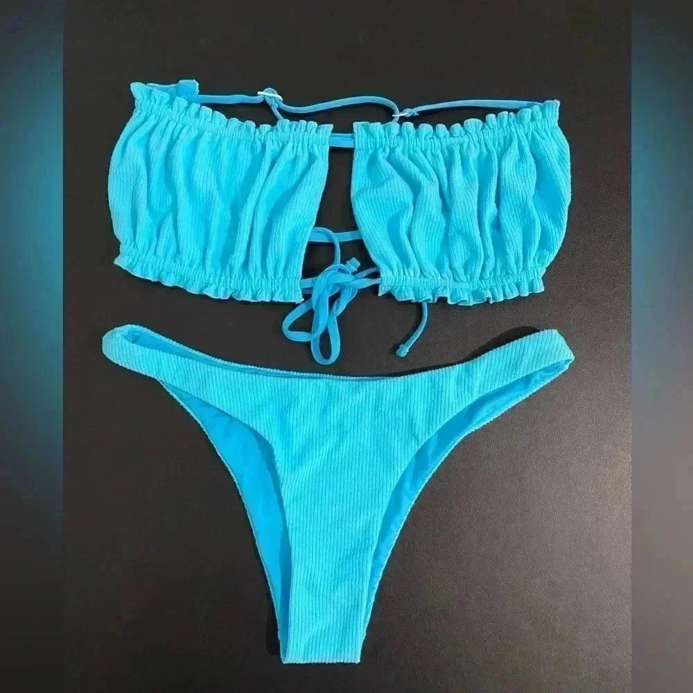 Free People Toast New Ribbed Ruffle Bikini Set Top & Bottom Medium Large - Picture 8 of 13